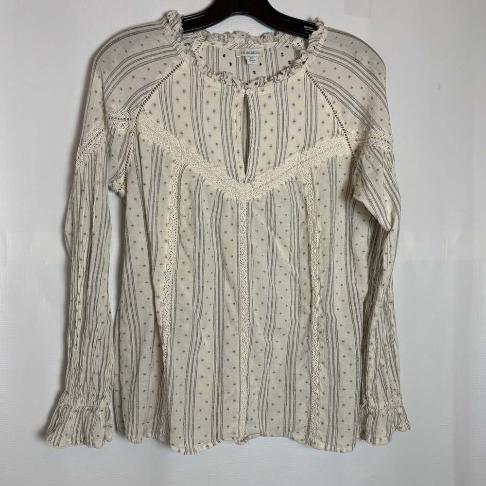 Sundance Womens XS Ivory Blue Striped Cotton Boho Lace Ruffle Peasant Blouse Top